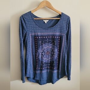 Lucky Brand Lightweight Mandala Long Sleeved Top, Women's M, Dusty Blue